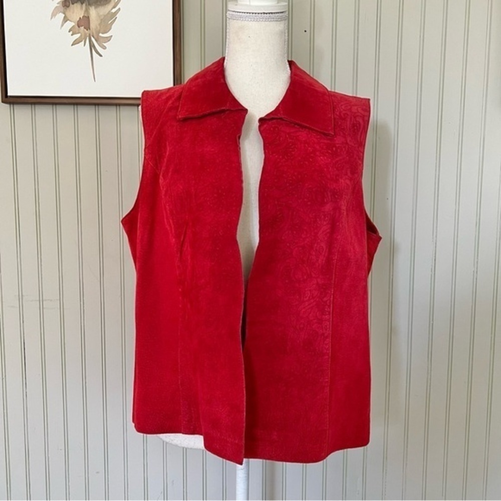 Coldwater Creek Vintage Red Suede Embossed Open Front Vest